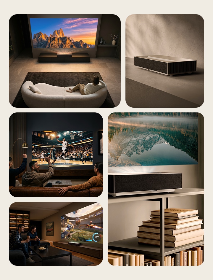 Image en collage du projecteur LG CineBeam HU925V exposé dans des intérieurs modernes.