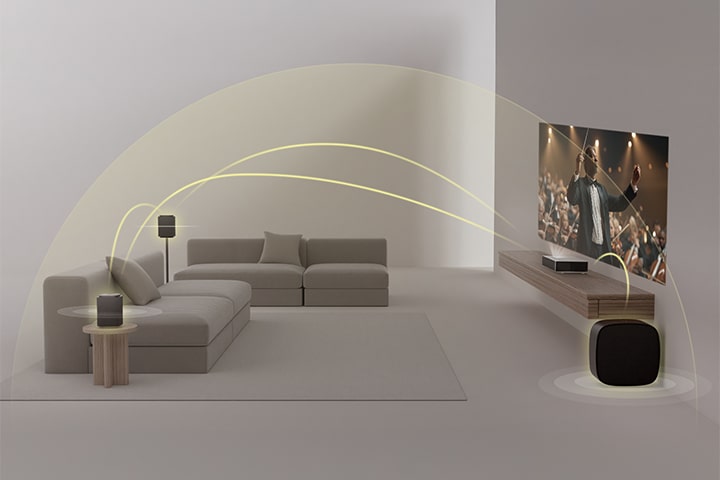 Vidéo de Dolby Atmos FlexConnect avec LG Sound Suite offrant un son surround plus complet dans toute la pièce grâce au projecteur LG CineBeam.