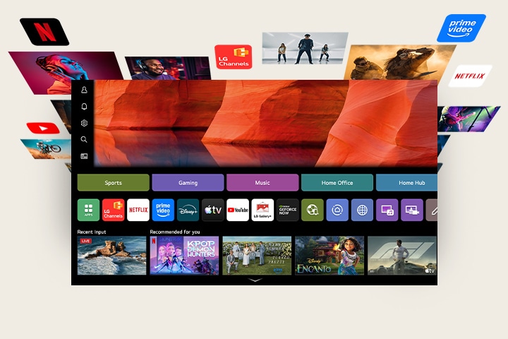 'Image de l’écran d’accueil de webOS avec des applications de streaming et des tuiles de contenu, entourée de visuels de divertissement flottants comme des films, des sports et des séries, mettant en valeur une expérience tout-en-un de streaming intelligent, de découverte de contenu et de divertissement à domicile.
