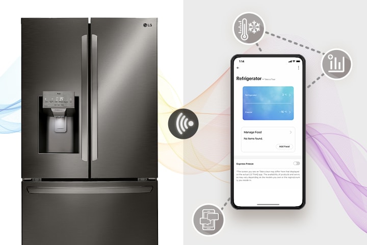 Réfrigérateur LG noir avec distributeur d'eau, connecté par Wi-Fi à une application mobile de contrôle à distance.