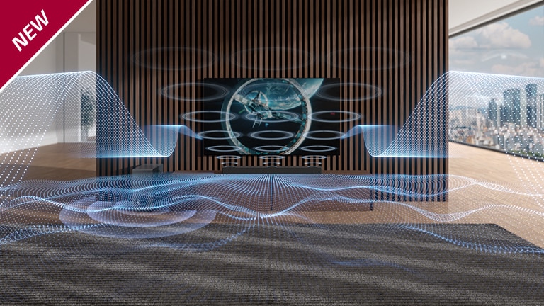 Des ondes sonores bleues de formes variées sont émises par la barre de son et le téléviseur. La mention « NOUVEAU » est indiquée dans le coin supérieur gauche.