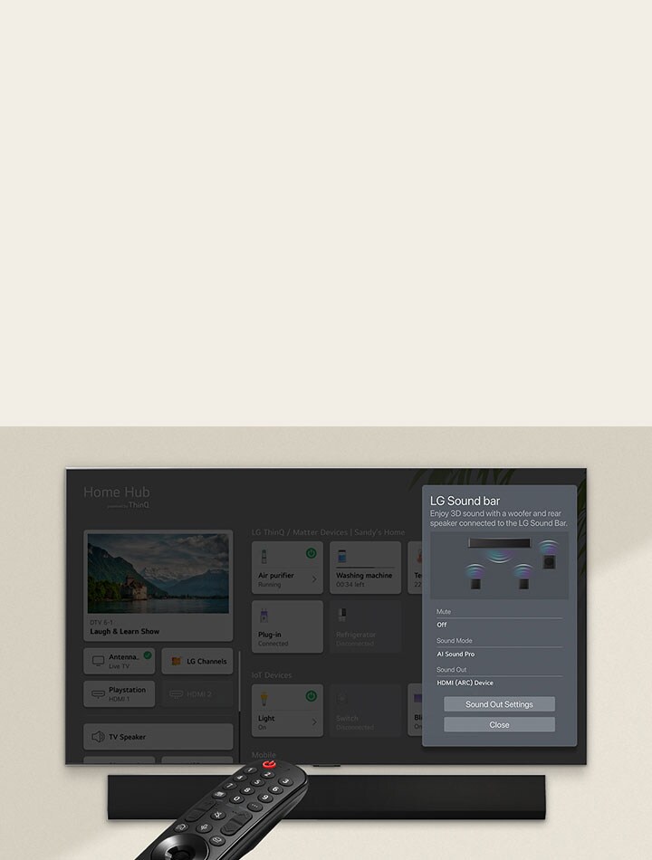 LG Remote is pointing towards a LG TV with LG Soundbar underneath. LG TV is showing the WOW Interface menu on the screen.
