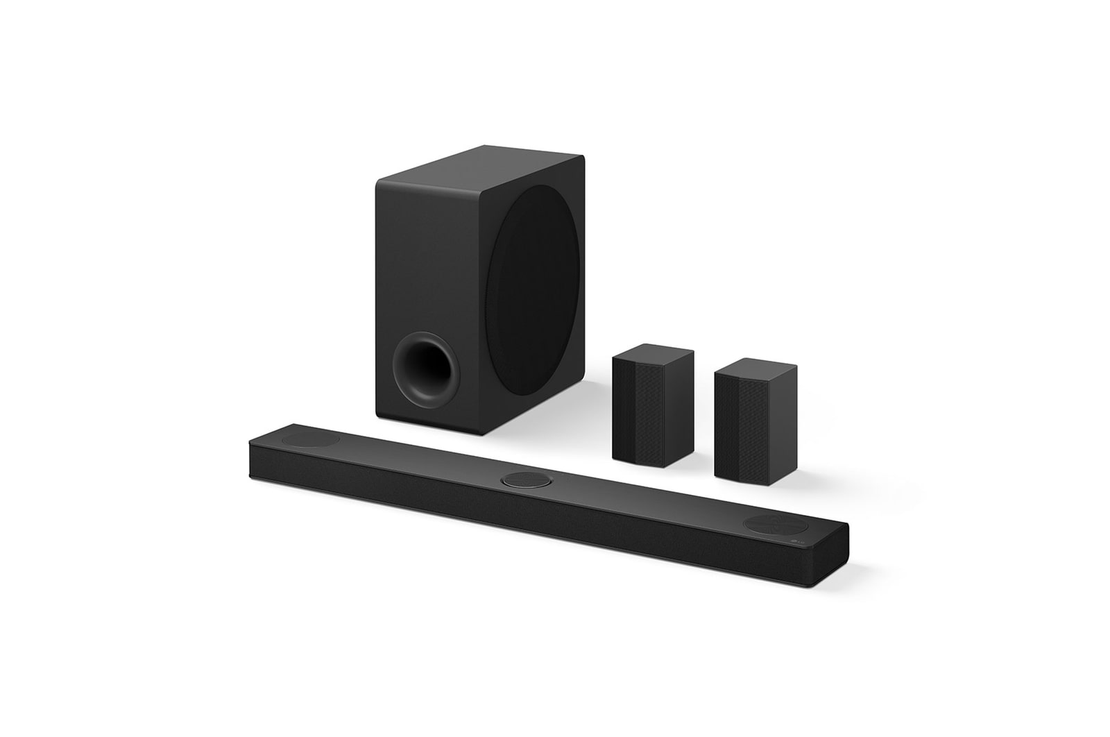 45-degree side angle view of Soundbar, subwoofer, and Rear Speakers