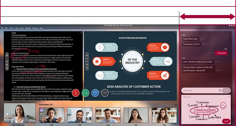 Écran UltraWide affichant un webinaire. Obtenez plus d’espace-écran avec le format d’image 21:9 comparativement au format d’image 16:9.