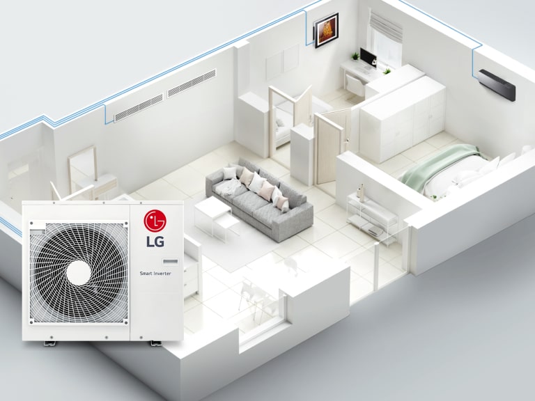 A sectional view of the house reveals blue pipelines from an LG Smart Inverter unit weaving around the house, linking three indoor units in each room.