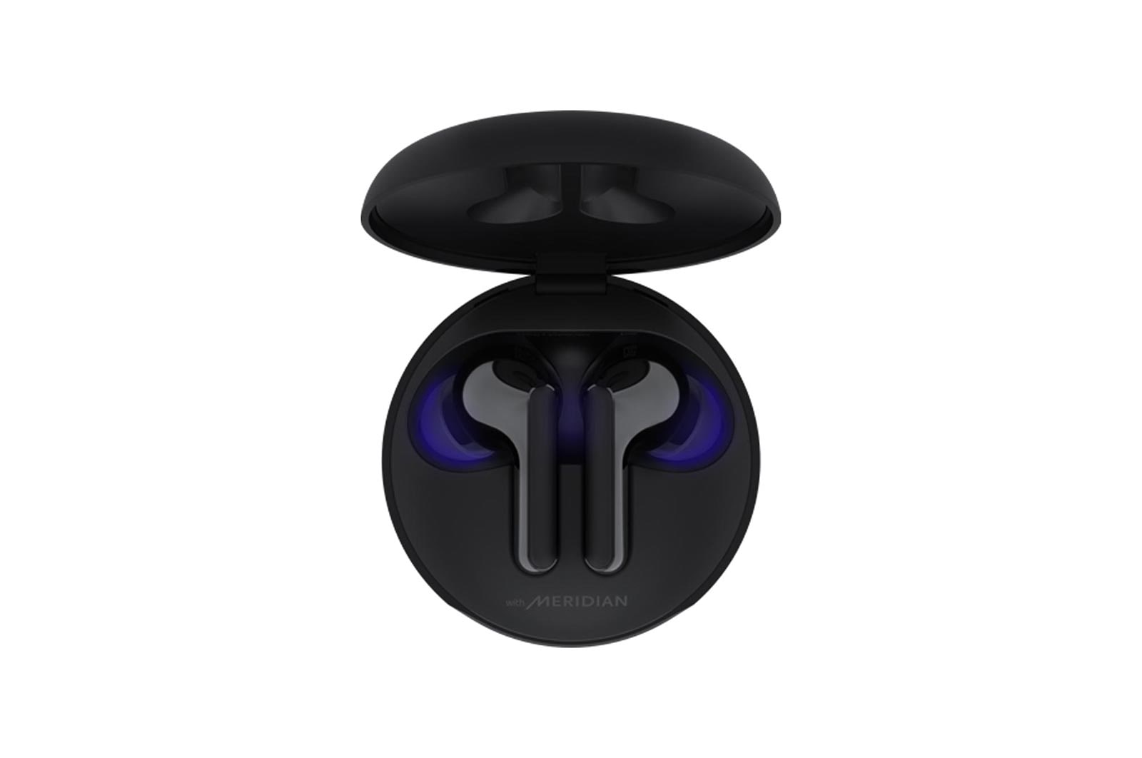 Vue avant de Véritables écouteurs sans fil LG TONE Free HBS-FN6 avec technologie Meridian Audio et boîtier de recharge UVnano  HBS-FN6