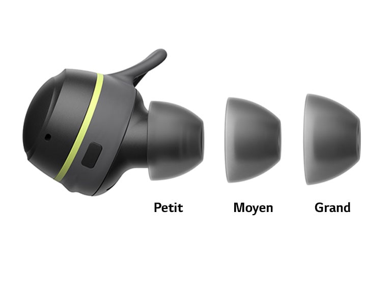 Un écouteur TONE Free fit vu de côté avec la petite, la moyenne et la grande oreillette.