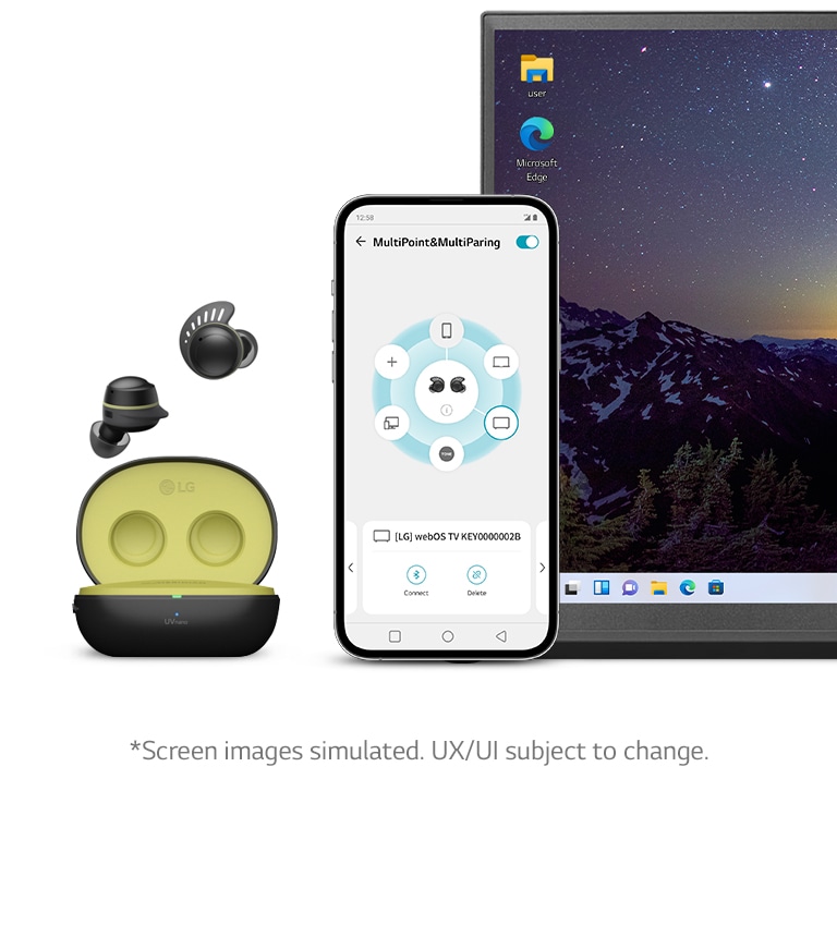 Le couvercle du boîtier TONE Free fit s’ouvre pour révéler les écouteurs flottant dans les airs. Un téléphone intelligent et un ordinateur portable se trouvent à côté. Le téléphone intelligent présente le menu Multi Point