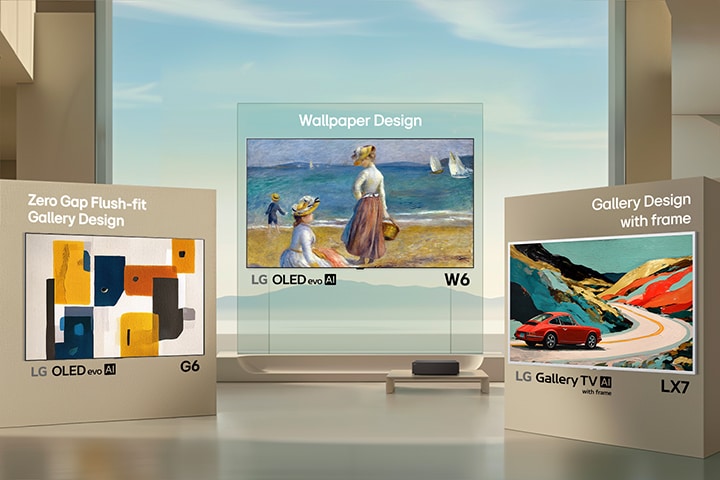 LG OLED evo G6 avec Flush-fit Zero Gap, LG OLED evo W6 avec Wallpaper Design, et LG Gallery TV AI LX7 avec cadre, présentés dans un espace sophistiqué de type galerie pour mettre en valeur leur design artistique et leur esthétique premium.
