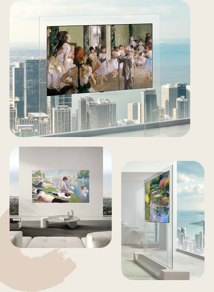 Le LG OLED evo W6, doté de son design Wallpaper ultrafin de 9 mm, présenté sous plusieurs angles pour mettre en valeur l’innovation à son extrême finesse, incluant un profil latéral élégant et une vue frontale affichant des œuvres d’art classiques s’intégrant parfaitement dans un espace de vie sophistiqué de type galerie.