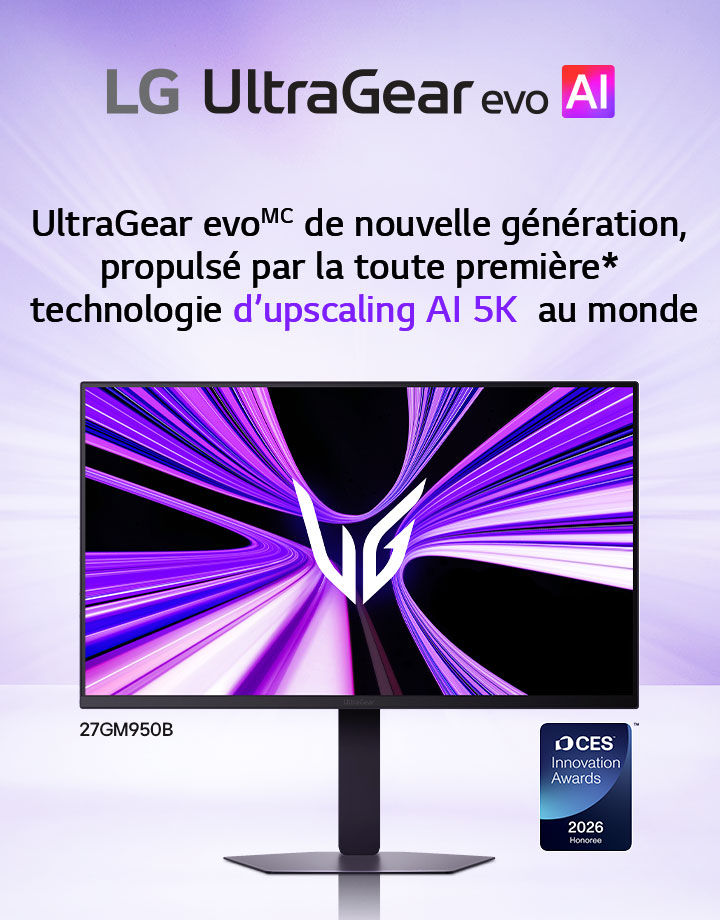 Des faisceaux de lumière radiaux violets se déploient en arrière-plan derrière un moniteur de jeu LG UltraGear. Le moniteur affiche un visuel abstrait dynamique en violet et blanc avec le logo UltraGear au centre. Un badge du prix de l’innovation CES 2026 est placé à côté du moniteur.