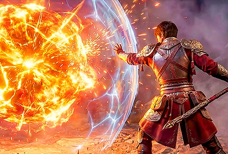 Un guerrier fantastique générant un bouclier d’énergie lumineux contre une explosion massive de flammes, illustrant le contraste vif, la précision des couleurs et la brillance ultra-élevée du dernier OLED Tandem de 4e génération avec des visuels Triple Perfect.