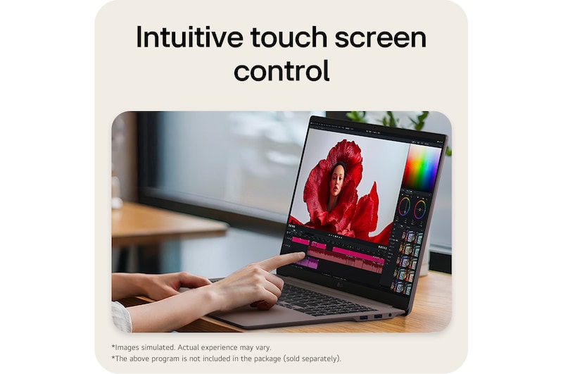 'This image shows the LG gram Pro laptop being used for creative editing with touch input, displaying a color grading interface and timeline on the screen.