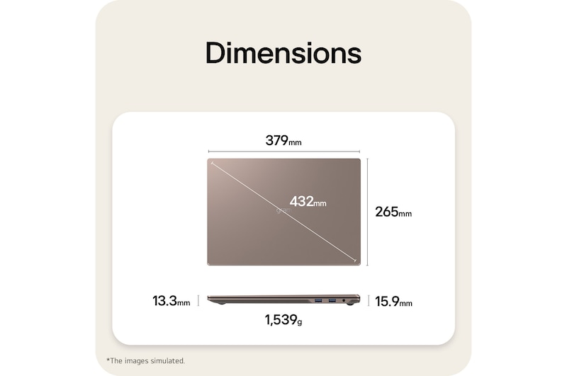 This image shows a dimensions diagram of the LG gram laptop, indicating the top view width and height, a diagonal size, and the side view showing thickness and weight.