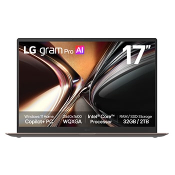 Vue avant de LG Gram Pro 17 pouces | <br>Copilot+ PC | Windows 11 Accueil <br>| Portable léger à double IA (1,5 kg) | Intel® Core™ X9 alimenté par IA, écran tactile IPS 17Z90UB-H