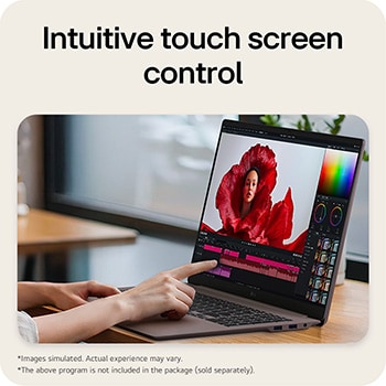 'This image shows the LG gram Pro laptop being used for creative editing with touch input, displaying a color grading interface and timeline on the screen.