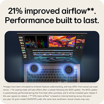 'This image shows an LG gram pro laptop displaying video editing content on the screen, with two circular blue visual elements shown beneath the keyboard area.