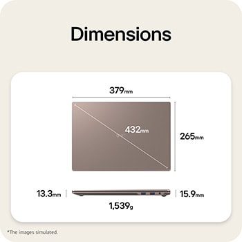 This image shows a dimensions diagram of the LG gram laptop, indicating the top view width and height, a diagonal size, and the side view showing thickness and weight.