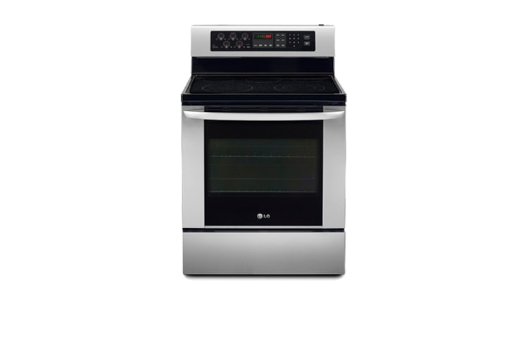 Vue avant de Une abondance d&#39;acier inoxydable recouvre cette cuisinière pour lui donner une apparence remarquable. LRE5602SS