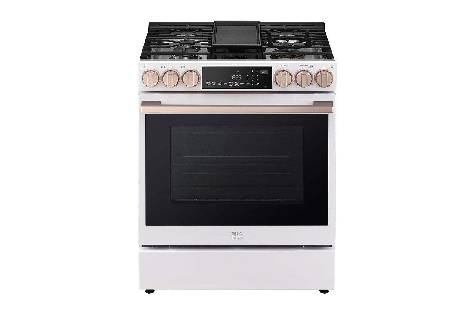 Vue avant de Cuisinière au gaz encastrable de 6,3 pi³ avec technologies InstaViewMDde LG STUDIO Essence White, LSGS6338N