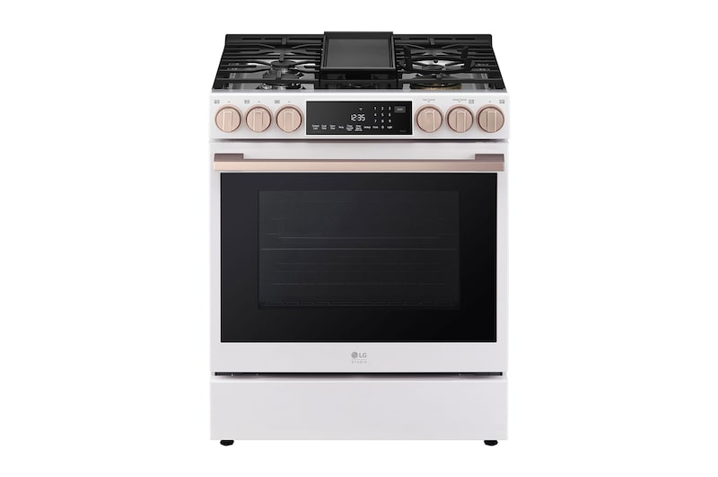 Vue avant de Cuisinière au gaz encastrable de 6,3 pi³ avec technologies InstaViewMDde LG STUDIO Essence White, LSGS6338N