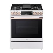 Vue avant de Cuisinière au gaz encastrable de 6,3 pi³ avec technologies InstaViewMDde LG STUDIO Essence White, LSGS6338N