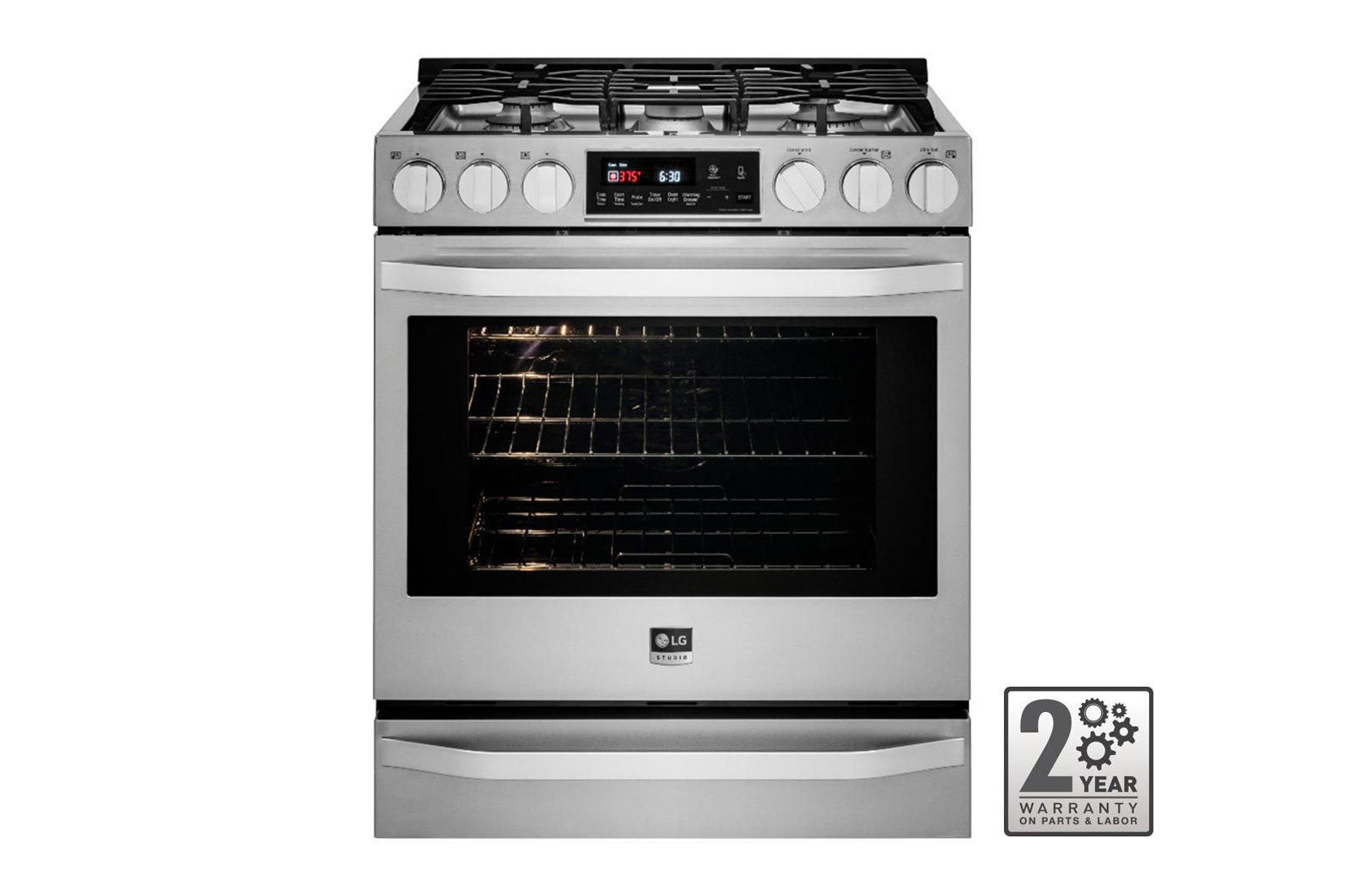 Vue avant de LG STUDIO- Cuisinière au gaz de 6,3 pi 3 encastrable avec four de pleine capacité et tiroir chauffant LSSG3016ST