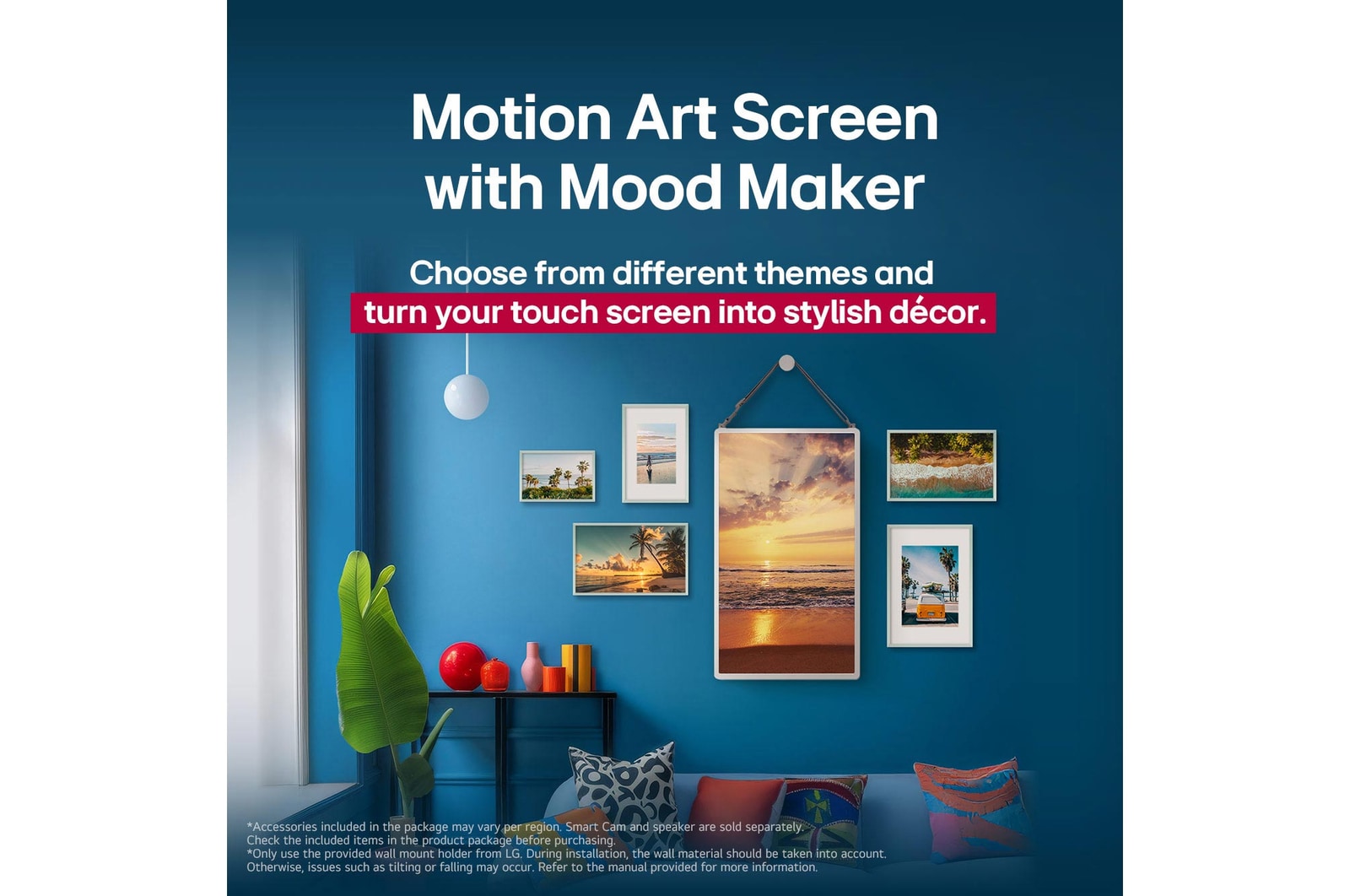 Le LG StanbyME 2 est accroché au mur pour mettre en valeur son écran Motion Art. La fonction Mood Maker est activée. Une œuvre d’art est affichée, illustrant comment l’appareil peut devenir un élément décoratif élégant dans n’importe quel espace.