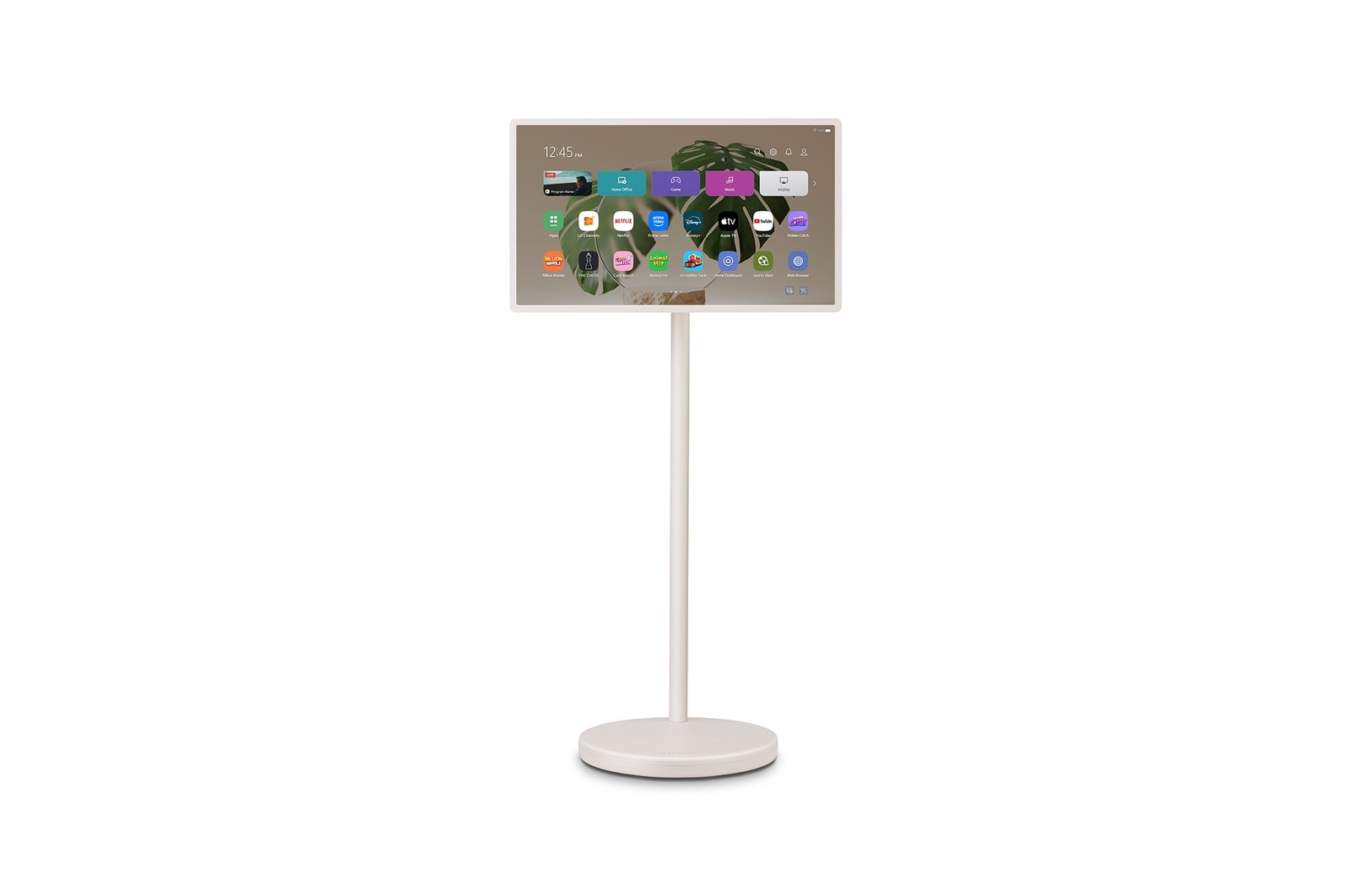 Vue de face du LG StanbyME 2 sur son support.