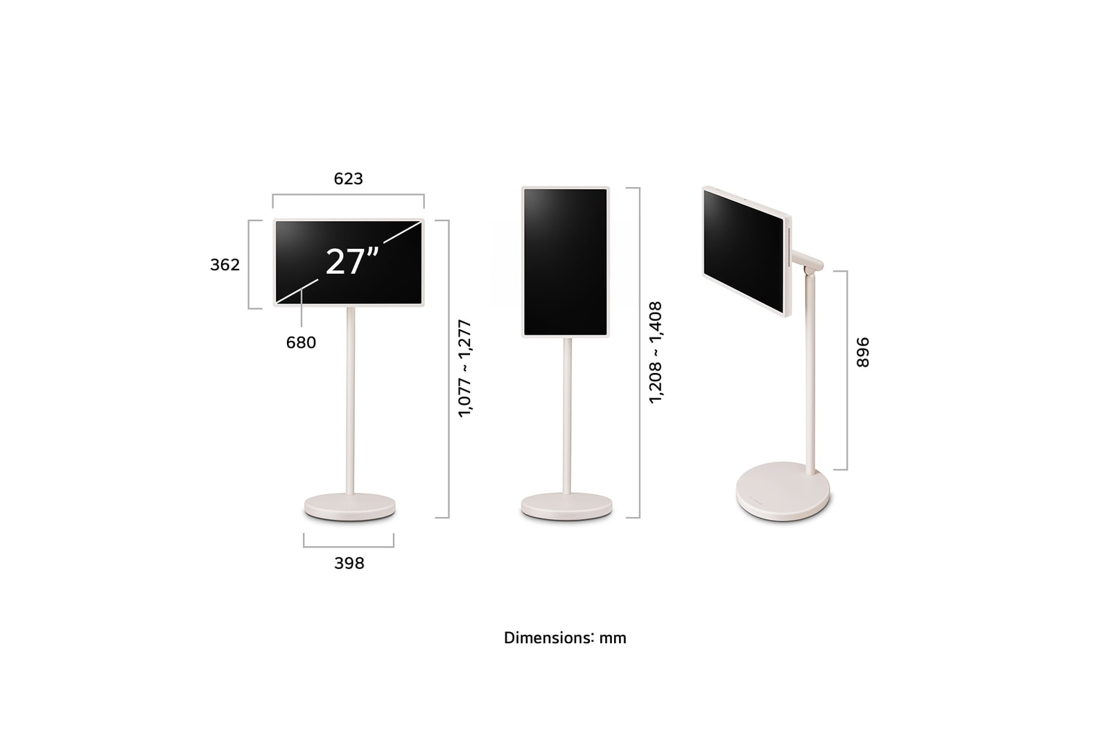 Longueur, largeur, hauteur et profondeur du LG StanbyME 2 et de son support.