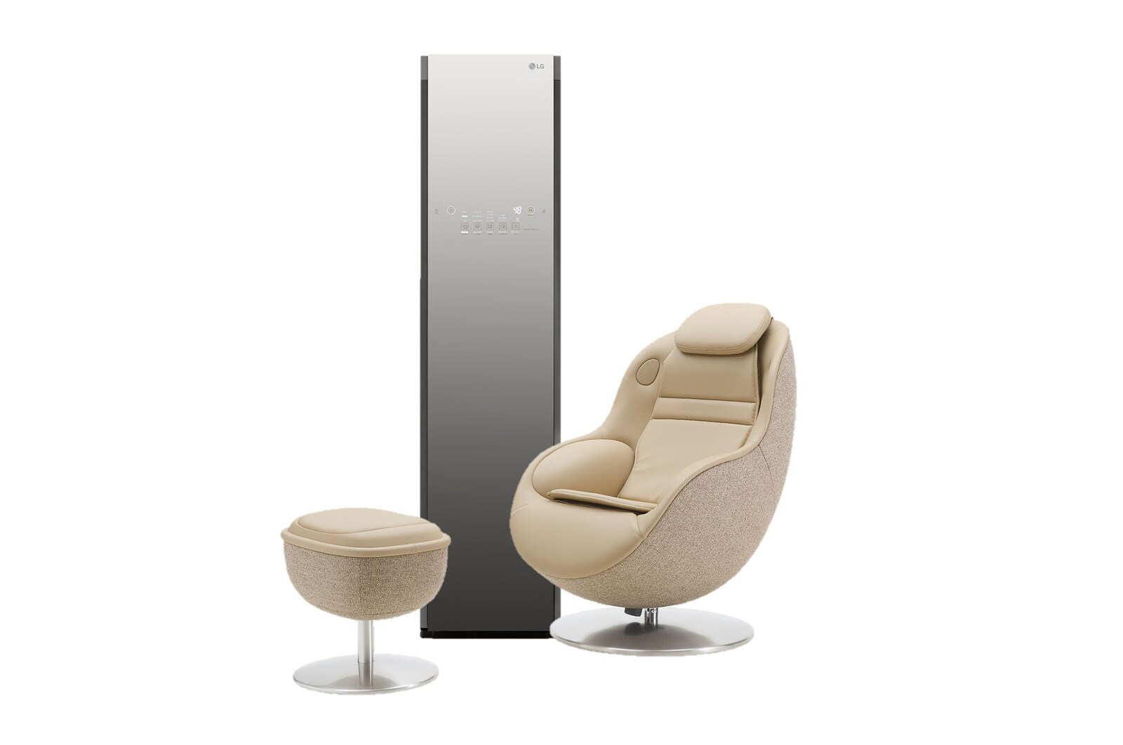 Vue avant de Styler : Rafraîchissez et assainissez vos vêtements en quelques minutes grâce au système d’entretien des vêtements à la vapeur intelligent prenant en charge le Wi-Fi. + Fauteuil de massage MH21RRST.EUS