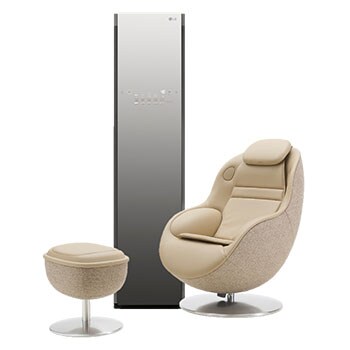 Vue avant de Styler : Rafraîchissez et assainissez vos vêtements en quelques minutes grâce au système d’entretien des vêtements à la vapeur intelligent prenant en charge le Wi-Fi. + Fauteuil de massage MH21RRST.EUS