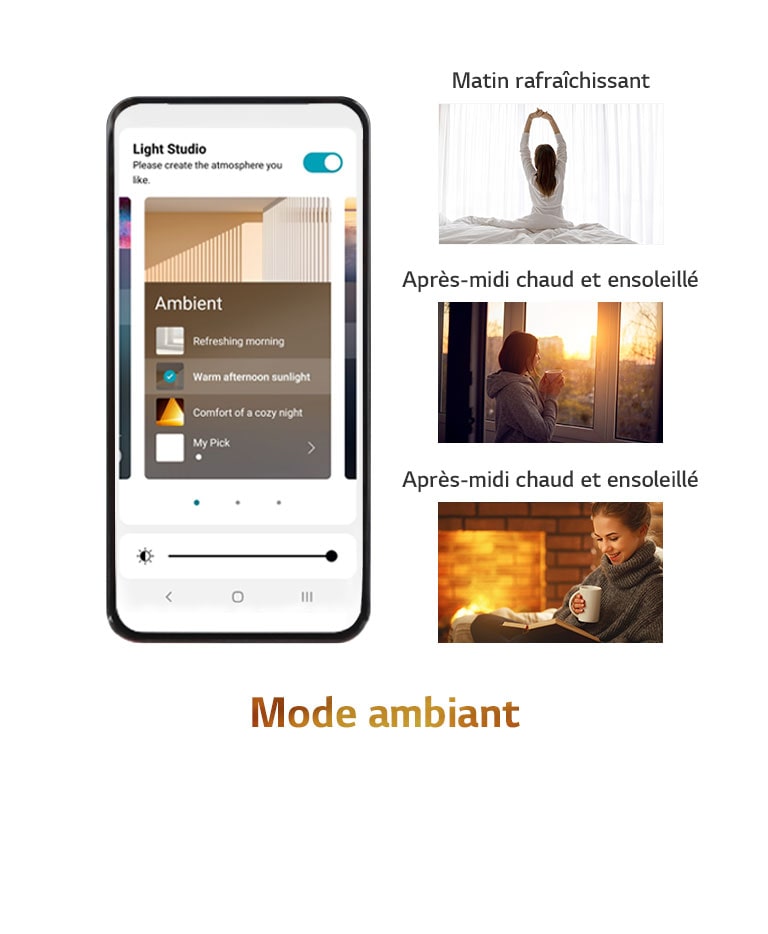 Image de téléphone mobile avec l’écran de l’application en mode ambiant. Les images montrent une femme pensive qui s’étire assise sur un lit, une femme qui regarde le coucher du soleil et une femme qui prend une pause lecture.