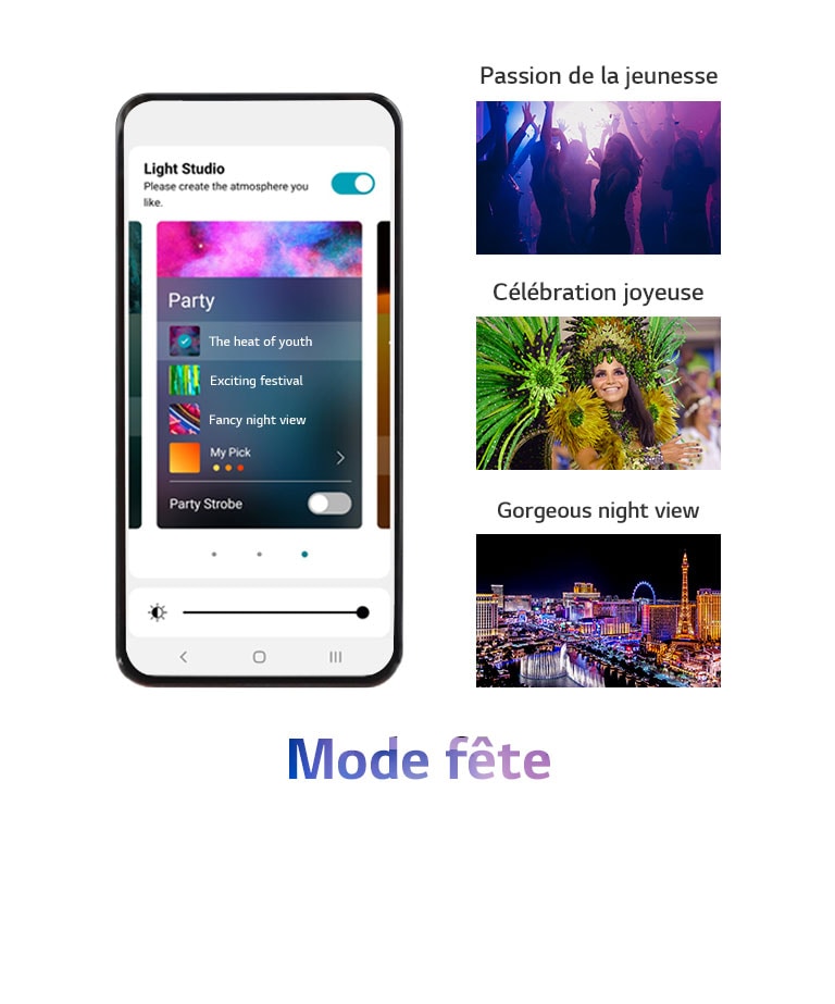 Image de téléphone mobile avec l’écran de l’application en mode fête. Images de silhouettes de personnes dansant dans un bar. L’image d’une femme portant des vêtements de fête colorés. Le paysage nocturne de la ville coloré par les néons.