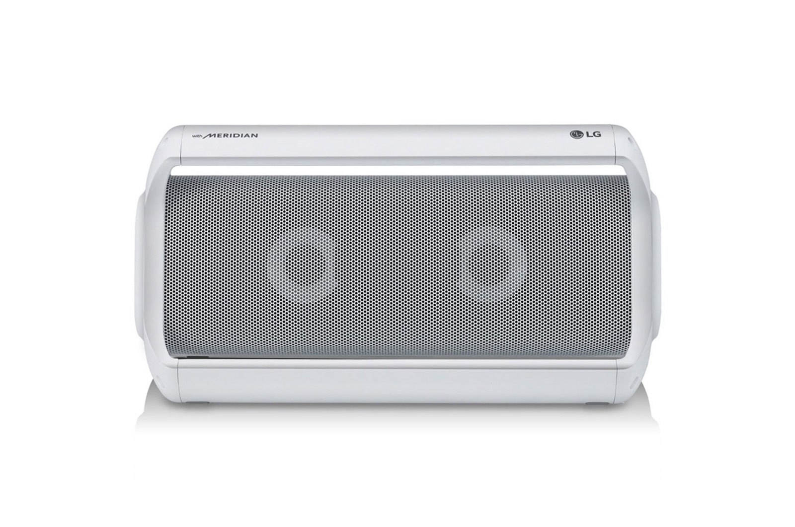 Vue avant de Haut-parleur Bluetooth XBOOM GO PK7-W de LG résistant à l’eau et offrant jusqu’à 22 heures de lecture PK7-W