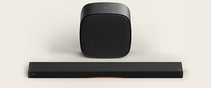 Système Cinema Suite 7 de LG, un ensemble de système audio stéréo classique pour la maison doté d’une barre de son Sound Suite et d’un caisson de basses.