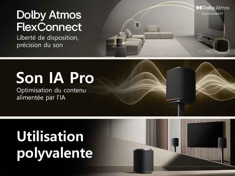 1) Le système Sound Suite de LG avec la technologie Dolby Atmos FlexConnect détecte l’emplacement de chaque haut-parleur pour optimiser les systèmes de son ambiophonique. 2) Un haut-parleur du système Sound Suite de LG émet des ondes sonores dorées, illustrant la technologie AI Sound Pro pour un système audio maison optimisé. 3) Les haut-parleurs du système Sound Suite de LG sont disposés près d’un téléviseur, soulignant l’utilisation polyvalente des systèmes audio maison.