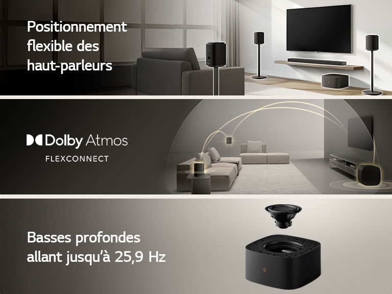 1) Le système Sound Suite de LG est placé dans un salon. On peut constater la flexibilité de positionnement des haut-parleurs pour obtenir un système audio maison immersif. 2) Le système Sound Suite de LG doté de la technologie Dolby Atmos FlexConnect détecte l’emplacement de chaque haut-parleur pour optimiser les systèmes de son ambiophonique. 3) Vue rapprochée du caisson de basses W7 du système de son Sound Suite de LG avec l’amplificateur montrant des performances de basses profondes atteignant 29,5 Hz.