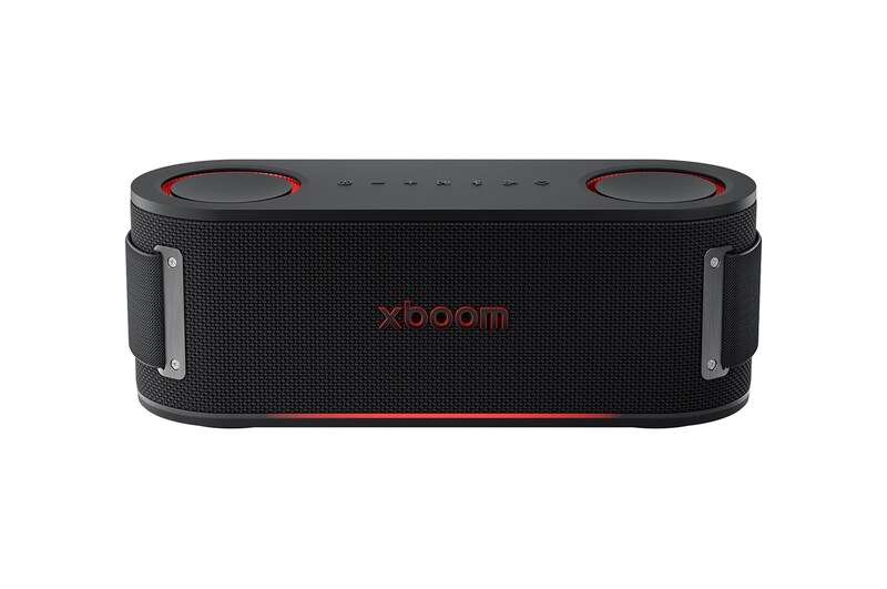 Vue de face de LG xboom Bounce par will.i.am | Enceinte Bluetooth portable | Son signature xboom avec radiateurs passifs orientés vers le haut