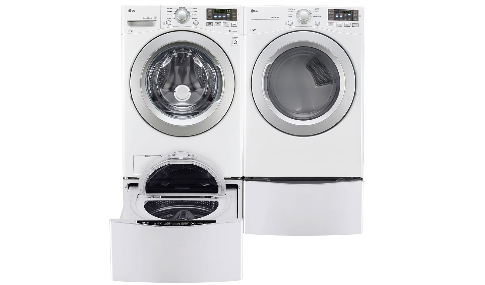 Vue avant de Ensemble TWINWash<sup>MC</sup> de LG d‘une capacité de 6,3 pi³ avec laveuse SideKick<sup>MC</sup> et sécheuse électrique de LG WM3270CW_WD100CW_DLE3170W_WDP4W
