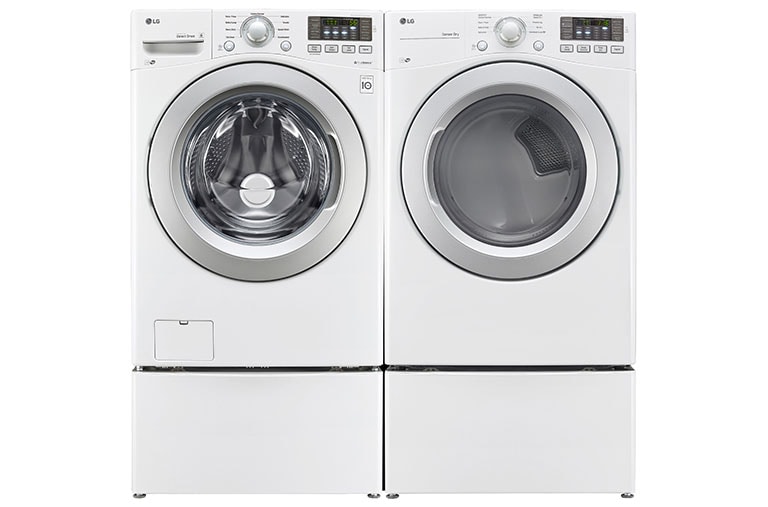 Vue avant de Ensemble TWINWash<sup>MC</sup> de LG d‘une capacité de 6,3 pi³ avec laveuse SideKick<sup>MC</sup> et sécheuse au gaz de LG WM3270CW_WD100CW_DLG3171W_WDP4W