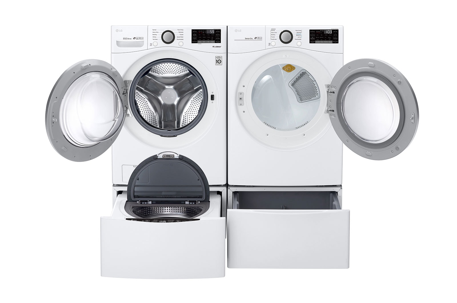 LG Ensemble TWINWash<sup>MC</sup> de LG d‘une capacité de 6,3 pi³ avec laveuse Piédestal  et sécheuse au gaz de LG, WM3500CW_WD100CW_DLG3501W_WDP4W