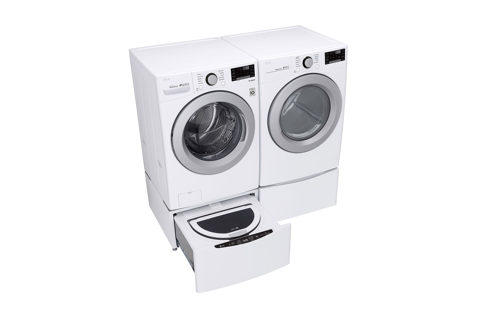 LG Ensemble TWINWash<sup>MC</sup> de LG d‘une capacité de 6,3 pi³ avec laveuse Piédestal  et sécheuse au gaz de LG, WM3500CW_WD100CW_DLG3501W_WDP4W