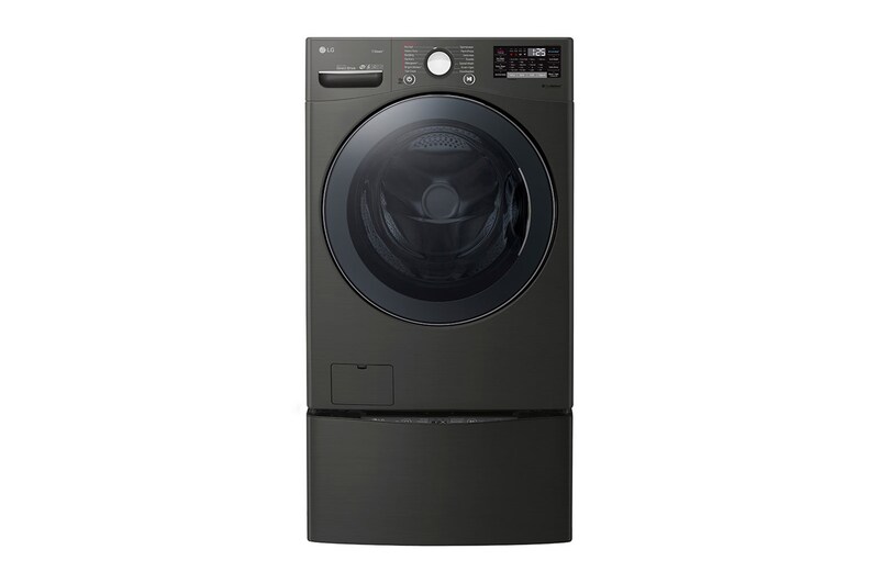 LG Ensemble TWINWash<sup>MC</sup> de LG d‘une capacité de 6,3 pi³ avec laveuse Piédestal et Séchoir à gaz de LG, WM3800HBA_WD100CB_DLGX3901B_WDP4B