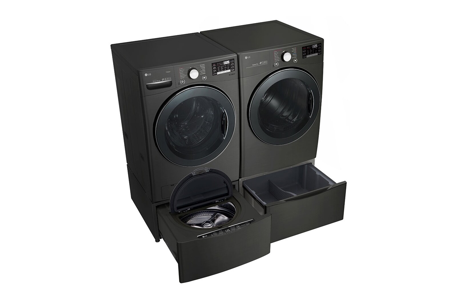 LG Ensemble TWINWash<sup>MC</sup> de LG d‘une capacité de 6,3 pi³ avec laveuse Piédestal et Séchoir à gaz de LG, WM3800HBA_WD100CB_DLGX3901B_WDP4B