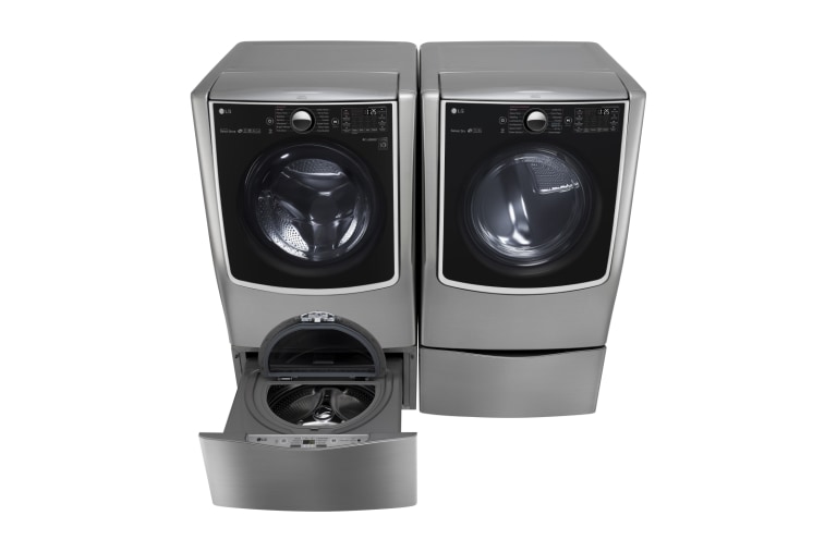 Vue avant de Ensemble TWINWash<sup>MC</sup> de LG d‘une capacité de 7,1 pi³ avec laveuse Piédestal et sécheuse au gaz de LG WM9000HVA_WD200CV_DLGX9001V_WDP5V