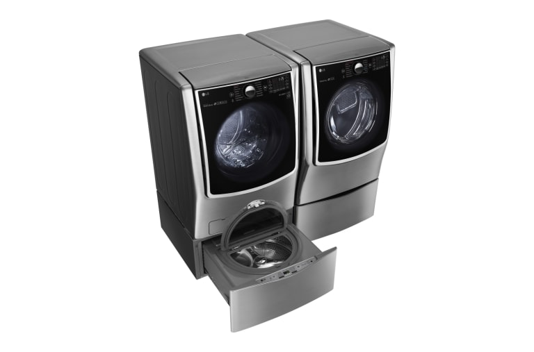 LG Ensemble TWINWash<sup>MC</sup> de LG d‘une capacité de 7,1 pi³ avec laveuse Piédestal et sécheuse au gaz de LG, WM9000HVA_WD200CV_DLGX9001V_WDP5V