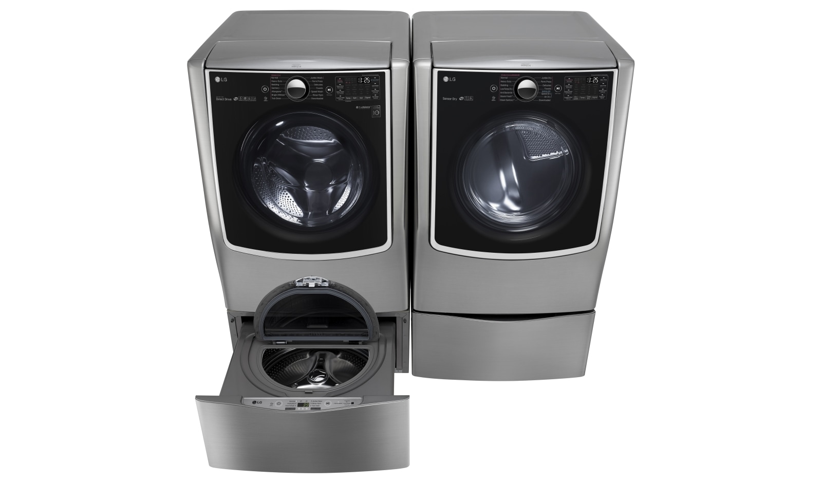 Vue avant de Ensemble TWINWash<sup>MC</sup> de LG d‘une capacité de 7,1 pi³ avec laveuse Piédestal et sécheuse au gaz de LG WM9000HVA_WD200CV_DLGX9001V_WDP5V
