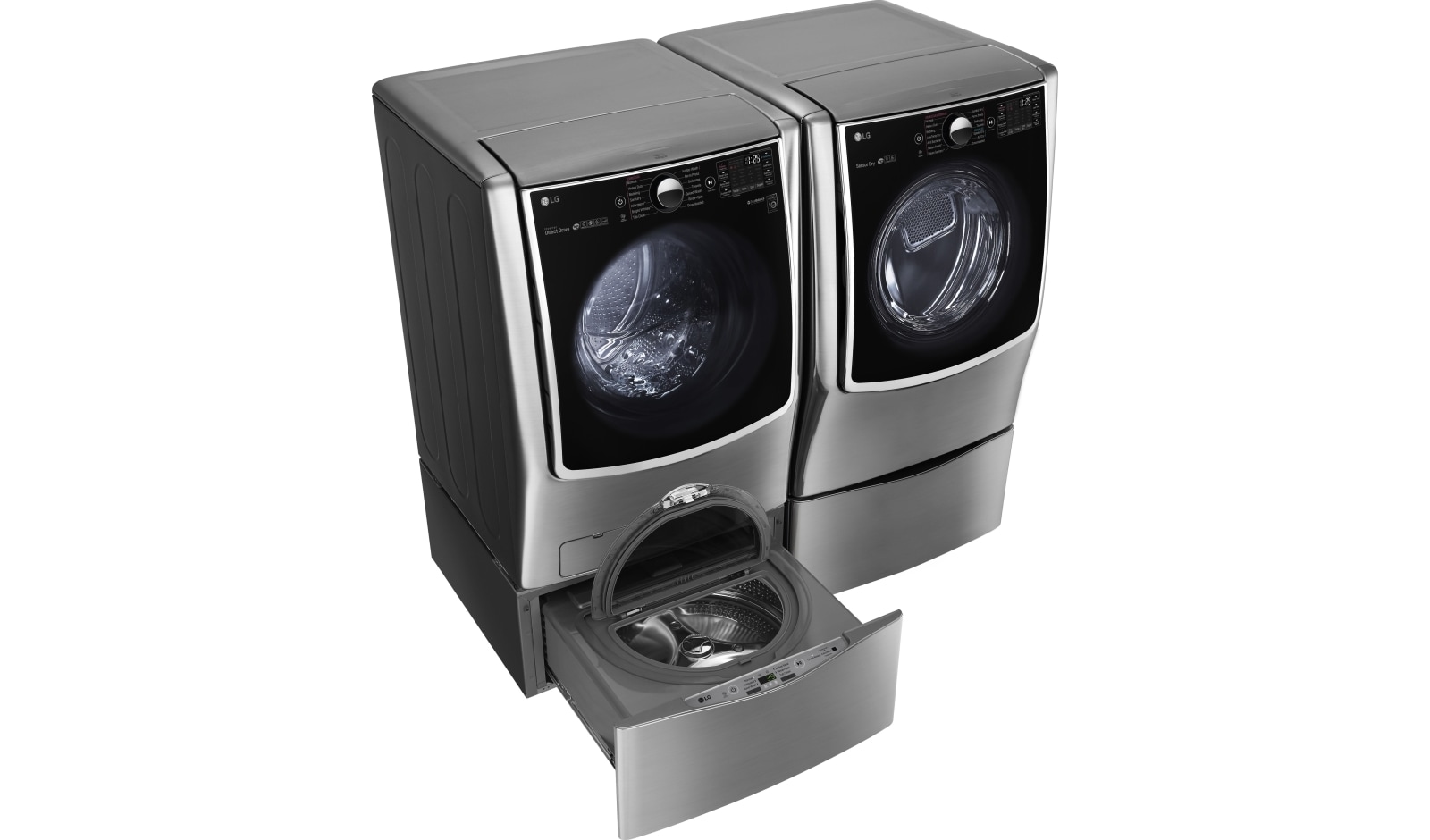 LG Ensemble TWINWash<sup>MC</sup> de LG d‘une capacité de 7,1 pi³ avec laveuse Piédestal et sécheuse au gaz de LG, WM9000HVA_WD200CV_DLGX9001V_WDP5V