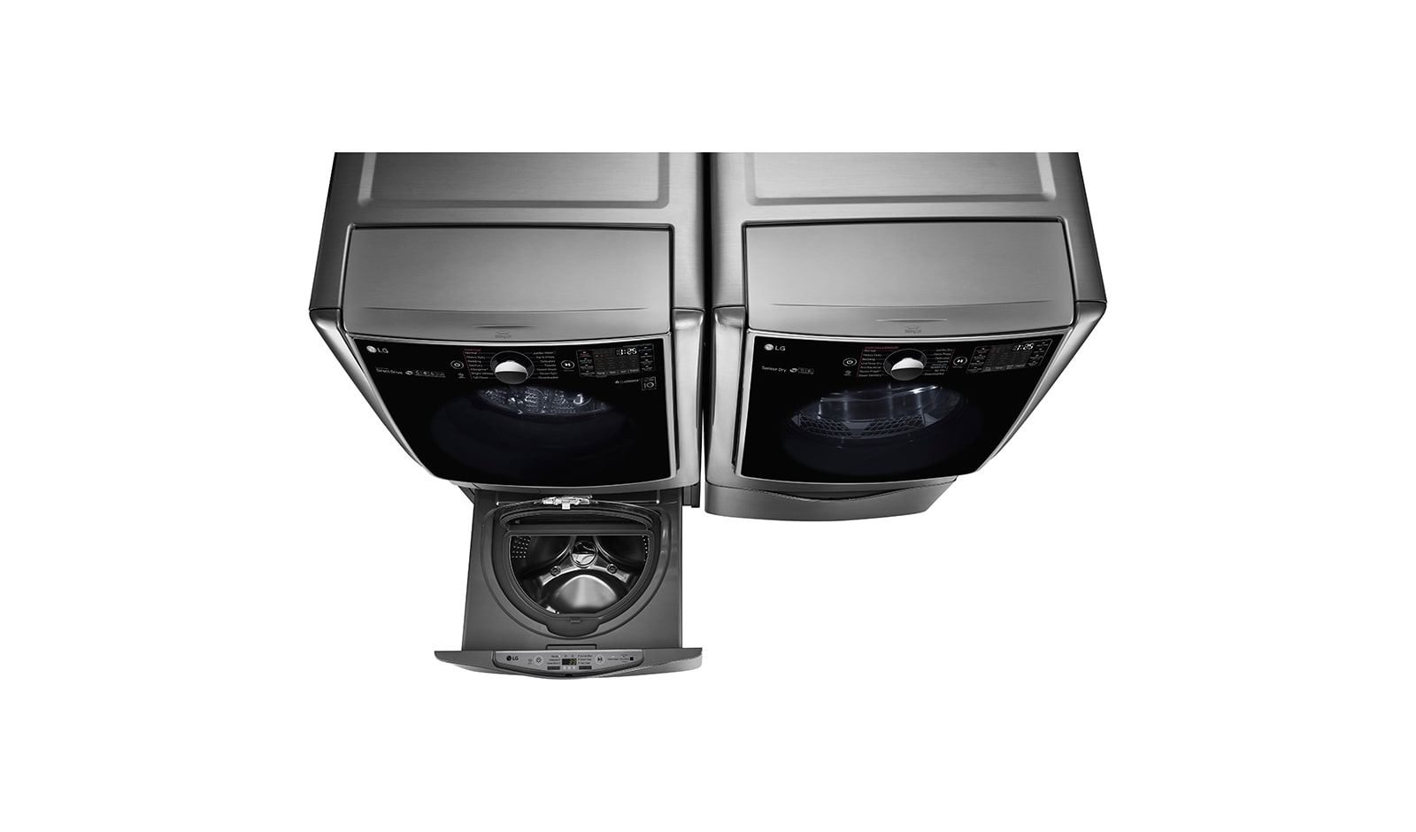 LG Ensemble TWINWash<sup>MC</sup> de LG d‘une capacité de 7,1 pi³ avec laveuse Piédestal et sécheuse au gaz de LG, WM9000HVA_WD200CV_DLGX9001V_WDP5V